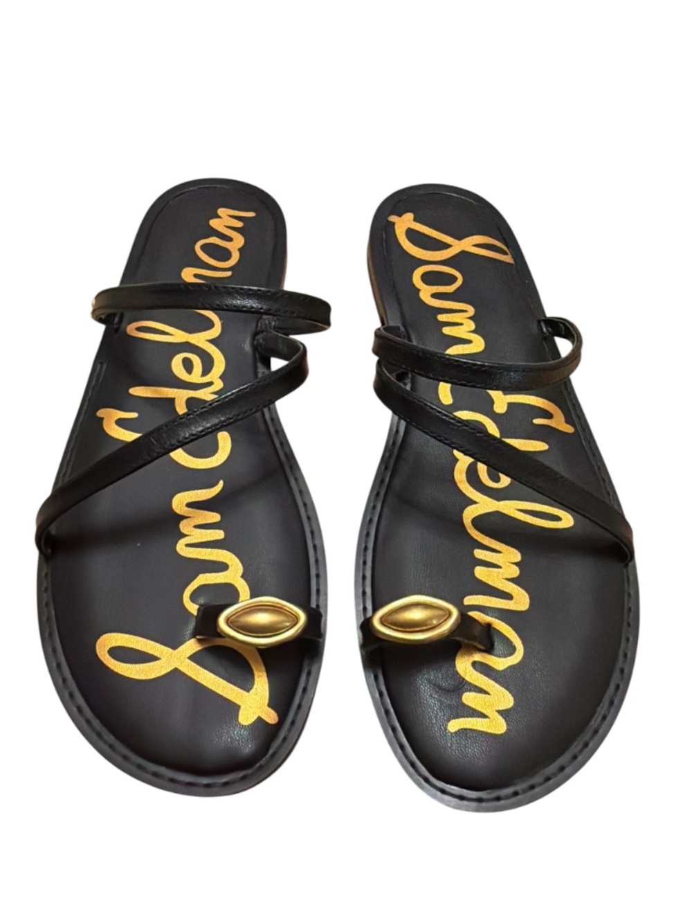 Sam Edelman Harlyn Black Leather Gold Toe Ring Sandals 8.5 NWOB